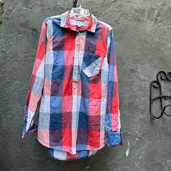 MERONA RED WHITE BLUE PLAID HALF BUTTON UP LONG SLEEVE SHIRT TUNIC TOP SIZE S - Picture 10 of 12